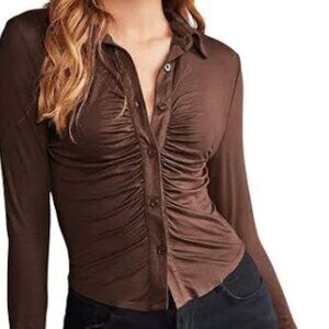 Garage Brown Button Down Ruched Crop Top